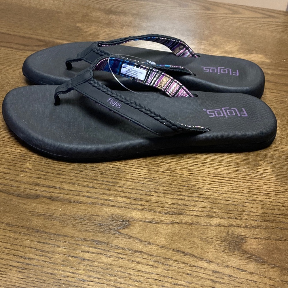 Flojos Black Sandals with Purple Logo and Multicolor Woven Trim - Picture 2 of 8